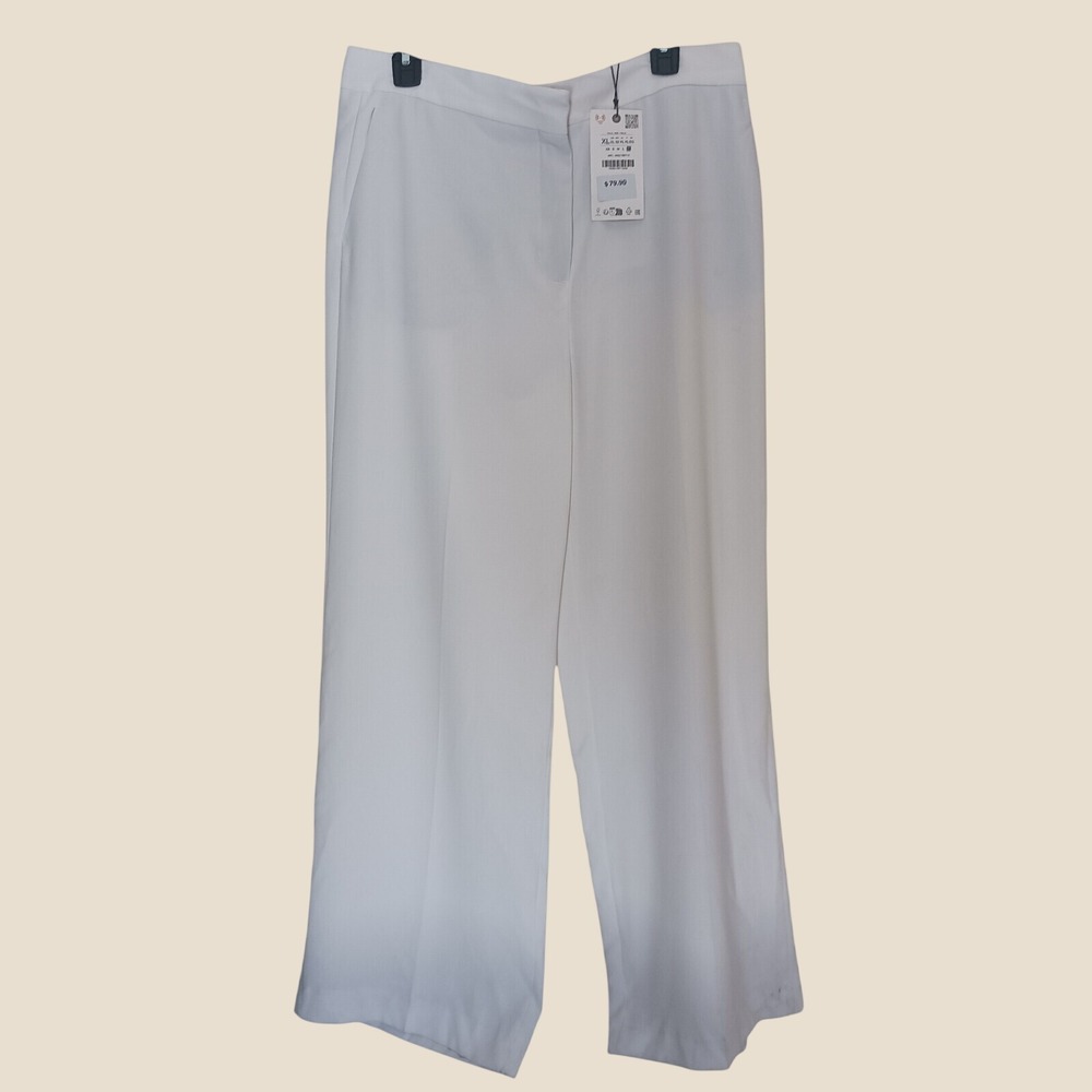 Zara Wide Leg Pants Womens XL White High Waisted Dress Trousers CALLOUT